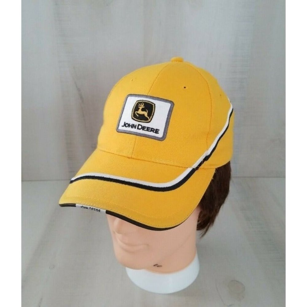 John Deere Adjustable Hat Preowned Yellow with white black stripe Hook Loop